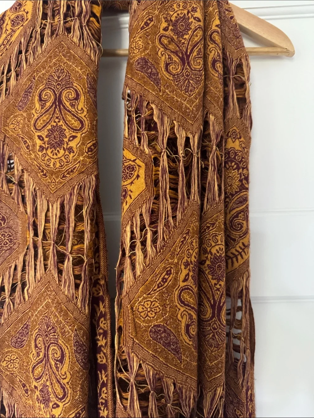 Boho Fringe Paisley Wrap Scarf in Rust and Mustard